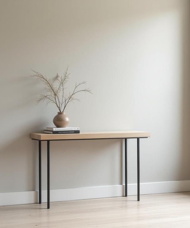Console d'entrée étroite en frêne avec des pieds fins en acier.